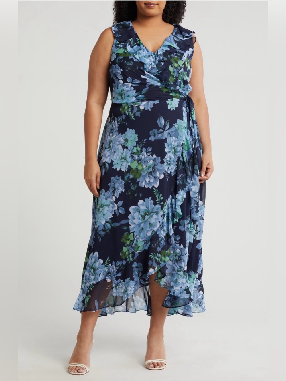 London Times Navy Blue Multi Floral Chiffon Sleeveless Faux Wrap Ruffle Dress 20